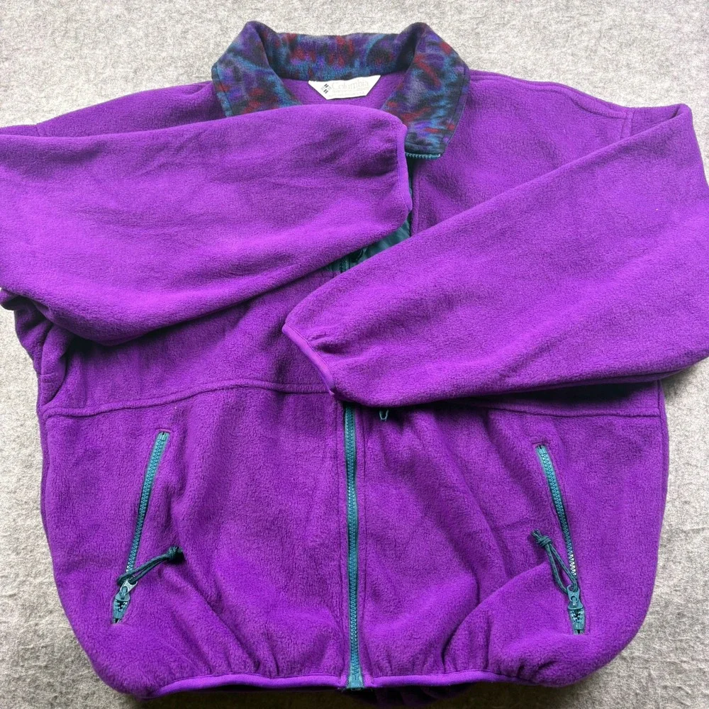 Vintage 90s Columbia Fleece Jacket Purple Teal Pattern Collar Made in USA Large